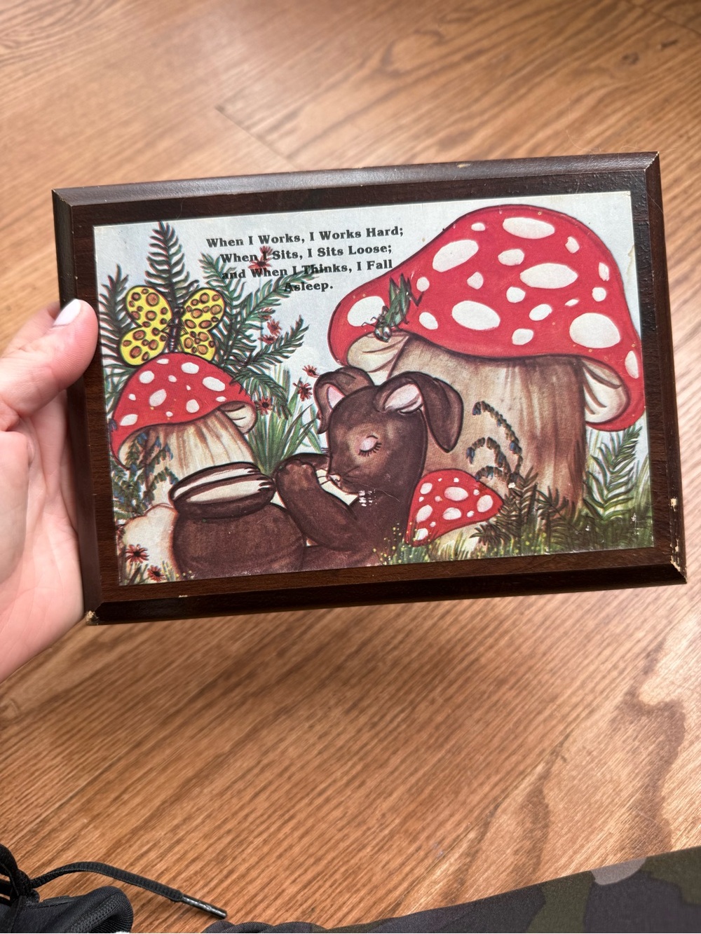 Charming wooden art / wall hanging with mushroom and mouse
